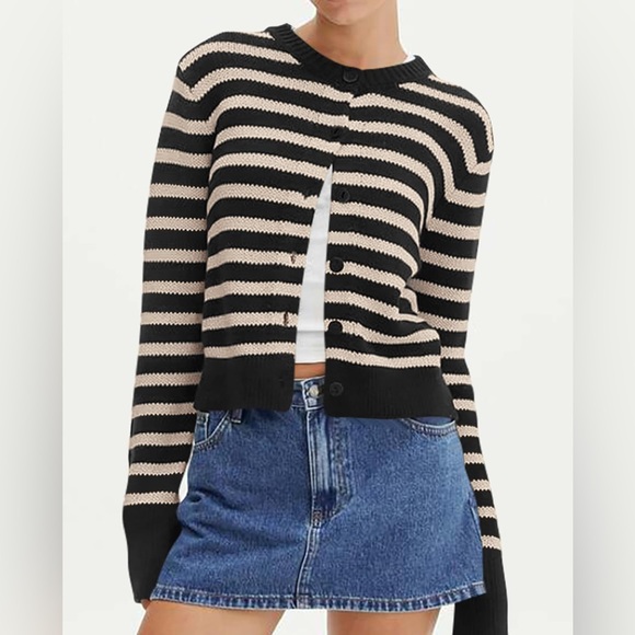 Sweaters - NWT Striped Black and Beige Button Front Cardigan Sweater